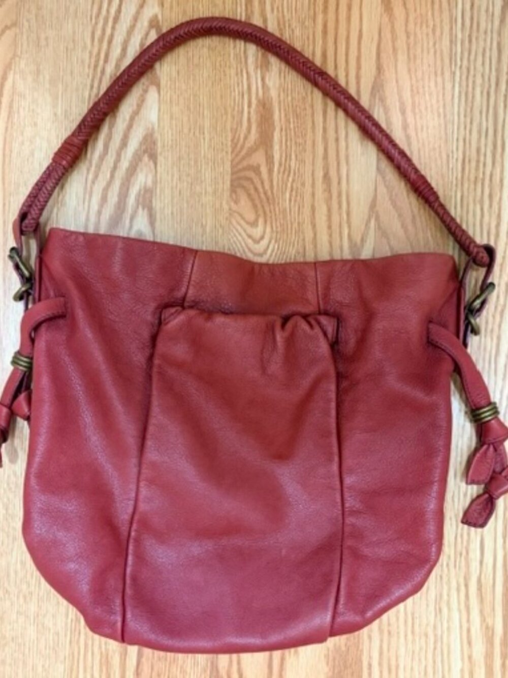 Elliott Lucca Rust/Cognac Leather Bucket Hobo Bag with Braided Strap & Bronze Ha